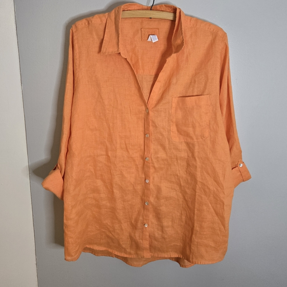 Sigrid Olsen Casual  Linen Orange Button XL Blouse 100% Linen